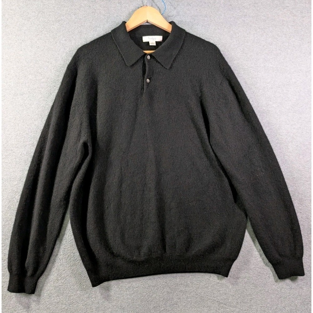 Turnbury 100% Cashmere Long Sleeve Polo Sweater Men's XL Black Luxury Old Money